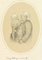 Early 19th -century print of older white couple in left profile, arms linked. Woman wears shawl and bonnet. Long-haired man wears coat and vest.